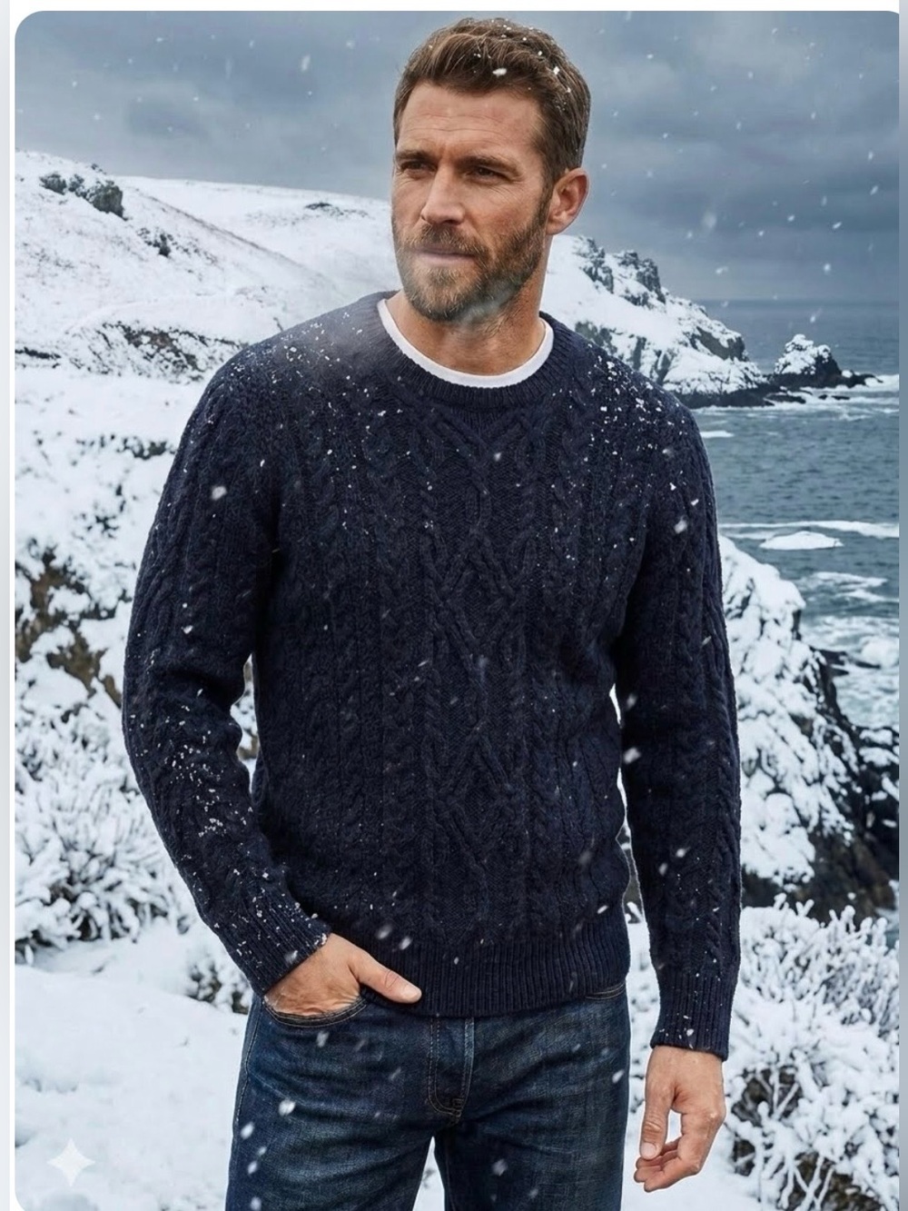 Wallace & Barnes Shetland Wool Cable Knit Fisherman Sweater Navy Blue Mens XL